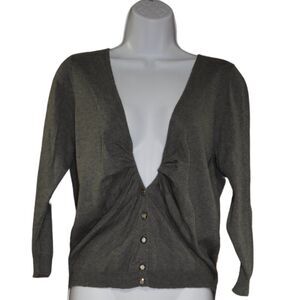 Bisou Bisou Gray Cotton Cardigan Sweater V Neck Button Up Women’s Size Large